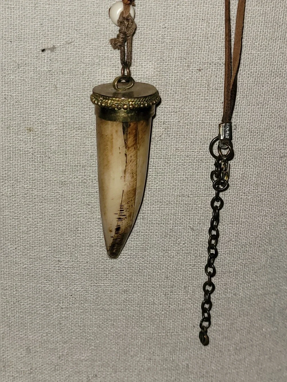 Boho Ivory Looking Tusk Beaded Horn Pendant Cord Necklace